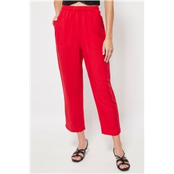 Pantalón recto 7/8 con cintura alta de lino Rojo