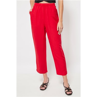 Pantalón recto 7/8 con cintura alta de lino Rojo