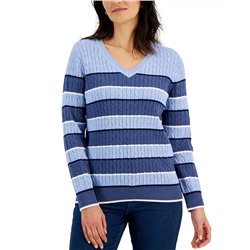 KAREN SCOTT Gianna Cotton Striped Cable V-Neck Sweater, Created for Macy's