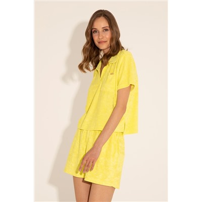 Kadın Neon Sarı Crop Polo Yaka Tişört