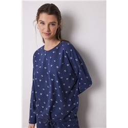 Pijama largo 100% algodón azul flores