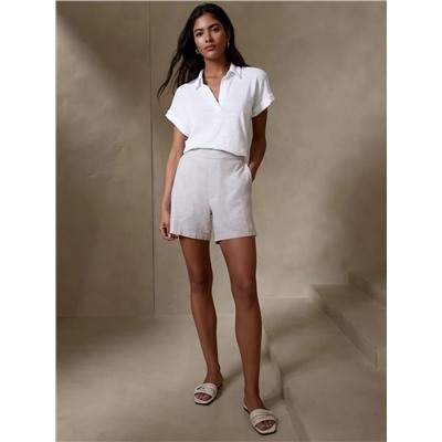 LINEN-BLEND JOHNNY-COLLAR TOP