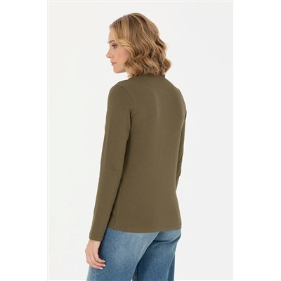 Kadın Haki Polo Yaka Basic Sweatshirt
