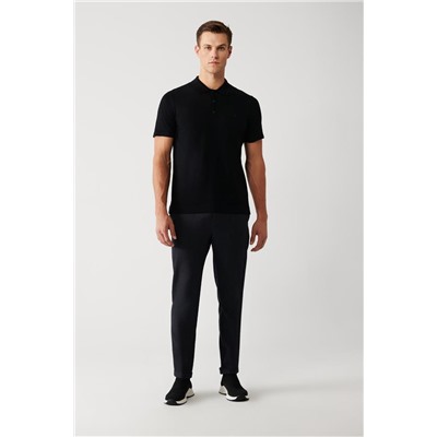 Siyah Pamuklu Polo Yaka Regular Fit Standart Kesim İnce Triko T-Shirt