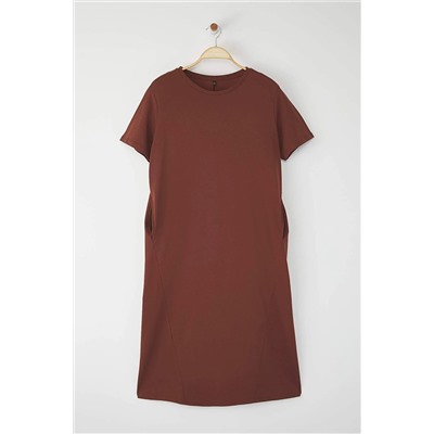 Kahverengi Midi %100 Pamuk Örme T-shirt Elbise TBBSS24AH00067
