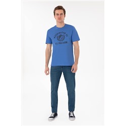 Erkek Regular Fit Bisiklet Yaka Baskılı İndigo Tişört