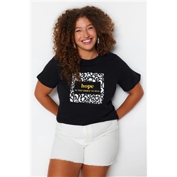Siyah Bisiklet Yaka Baskılı %100 Pamuk Örme T-Shirt TBBSS23BF00025