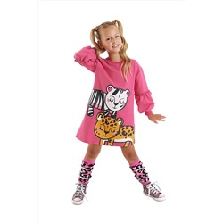 MSHB&G, Leopar Zebra Kız Çocuk Pembe Balon Kollu Elbise