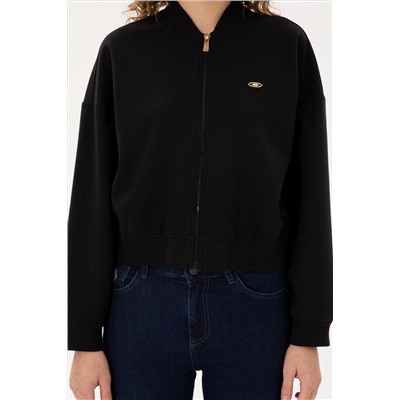 Kadın Siyah Bisiklet Yaka Fermuarlı Sweatshirt