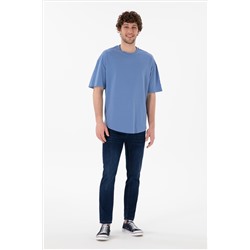 Erkek Long Fit Bisiklet Yaka Koyu Mavi Basic Tişört