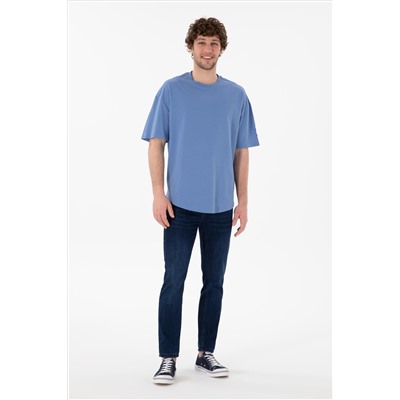 Erkek Long Fit Bisiklet Yaka Koyu Mavi Basic Tişört