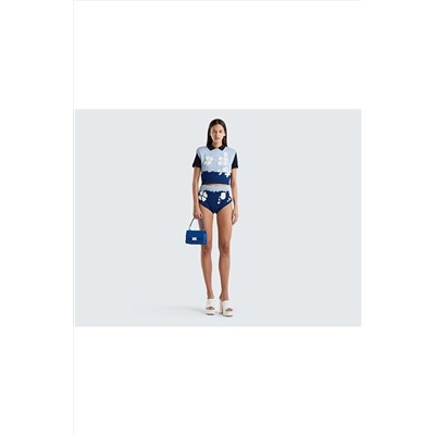 United Colors of Benetton Kadın Lacivert Çiçek Desenli Koton Karışımlı Crop Yelek 123P108RE105G-852