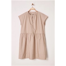 Camel Düğmeli Poplin Dokuma Büyük Beden Elbise TBBSS25AH00161