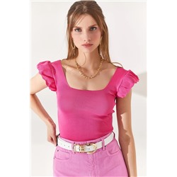 Olalook, Kadın Pembe Kolu Fırfırlı Yazlık Triko Bluz BLZ-19001035