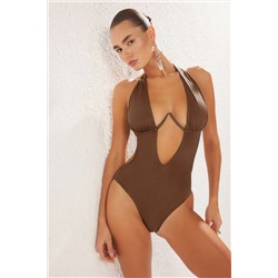 Trendyolmilla Kahverengi Balkonet Ters V Balenli High Leg Brazilian Mayokini TBESS23MA00008