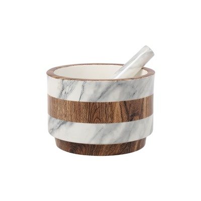 Ступка для специй, 15 см, с пестиком, фарфор P, серо-коричневая, мрамор, Wood&Marble, 63065