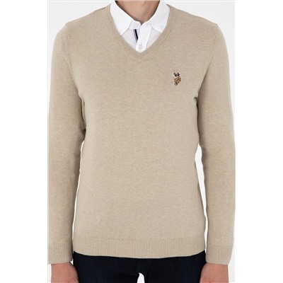 Erkek Slim Fit V Yaka Haki Melanj Basic Kazak