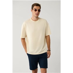 Avva, Erkek Bej Bisiklet Yaka Baskılı %100 Pamuk T-shirt E001037