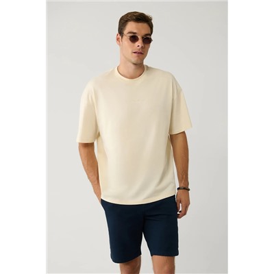 Avva, Erkek Bej Bisiklet Yaka Baskılı %100 Pamuk T-shirt E001037