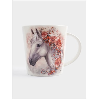 Кружка, 450 мл, фарфор F, белая, Лошадь с цветами, Horse
