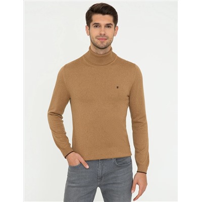 Camel Melanj Slim Fit Balıkçı Yaka Basic Triko Kazak