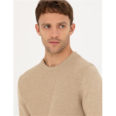 Bej Slim Fit Bisiklet Yaka Triko Kazak
