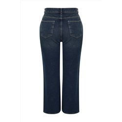 Koyu Mavi Yüksek Bel Soluk Efekt Vintage Yıkama Geniş Paça Büyük Beden Wide Leg Jeans TBBSS24CJ00050