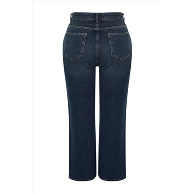 Koyu Mavi Yüksek Bel Soluk Efekt Vintage Yıkama Geniş Paça Büyük Beden Wide Leg Jeans TBBSS24CJ00050