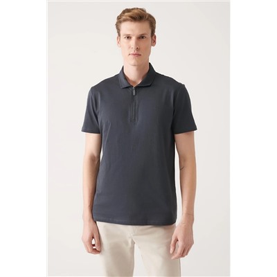 Avva Erkek Antrasit %100 Pamuk Fermuarlı Standart Fit Normal Kesim Polo Yaka T-shirt E001034