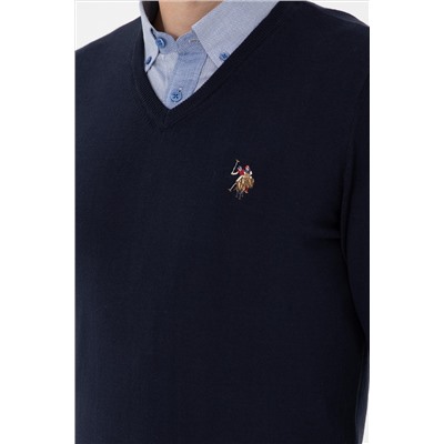 Erkek Slim Fit V Yaka Lacivert Basic Kazak