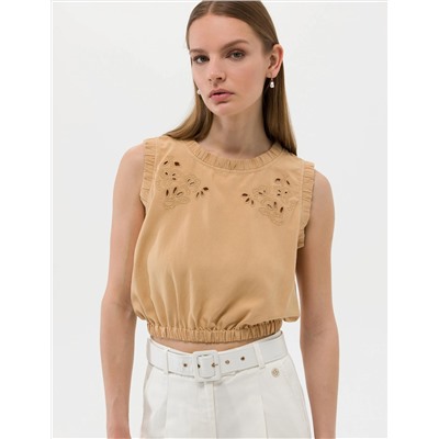 Bej Crop Top Kolsuz Bluz