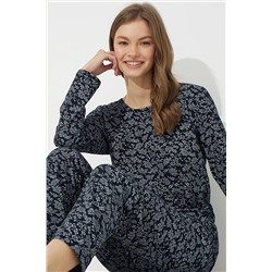 Siyah İnci Lacivert Beyaz Çiçek Desen Pamuklu Pijama Takımı 7613