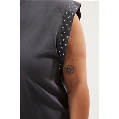 Antrasit Bisiklet Yaka Troklu %100 Pamuk Örme Büyük Beden T-shirt TBBSS25BF00010