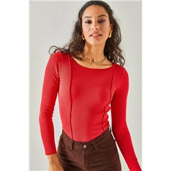 Olalook Kadın Kırmızı Dikiş Detaylı Crop Likralı Bluz BLZ-19002161