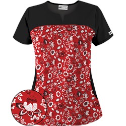 UA Bandana Blossom Red Rounded Notch Neck Scrub Top