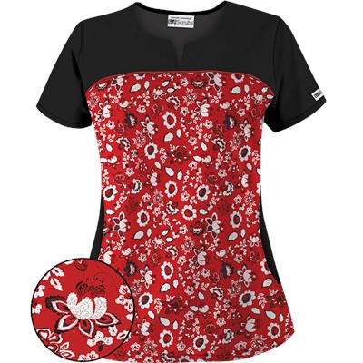 UA Bandana Blossom Red Rounded Notch Neck Scrub Top