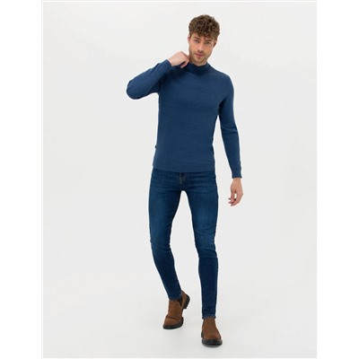 İndigo Melanj Slim Fit Basic Kazak