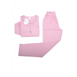 ANGELİNA Kadın pembe uzun kol bambu kalpli çizgili mevsimlik rahat pijama takımı 6622 PER01