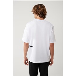 Beyaz %100 Pamuk Bisiklet Yaka Baskılı T-Shirt