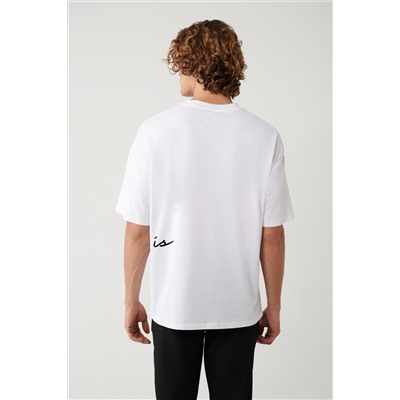 Beyaz %100 Pamuk Bisiklet Yaka Baskılı T-Shirt