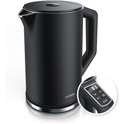 Arendo Stainless Steel Kettle with Temperature Setting 40-100 Degrees in 5 Steps, Double Wall Design, Elegant Model, 1.5 Litres, 2200 W, Kettle with Temperature Display, GS, Black