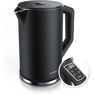 Arendo Stainless Steel Kettle with Temperature Setting 40-100 Degrees in 5 Steps, Double Wall Design, Elegant Model, 1.5 Litres, 2200 W, Kettle with Temperature Display, GS, Black