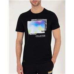 Siyah Slim Fit Baskılı Bisiklet Yaka Tişört