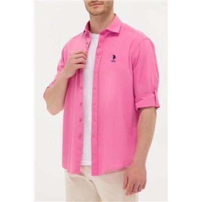 Erkek Pembe Keten Görünümlü Basic Gömlek
