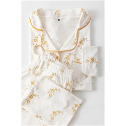Çok Renkli Çiçek Desenli Biyeli Gömlek Yaka Dokulu Örme Pijama Takımı TBBAW26AI00039