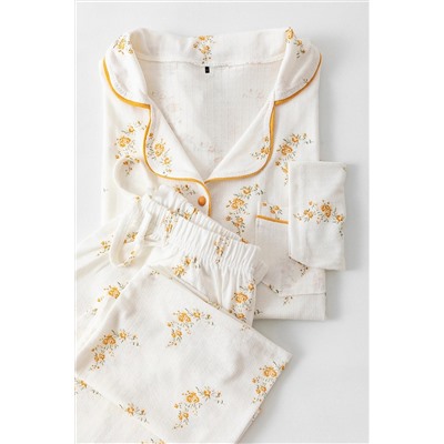 Çok Renkli Çiçek Desenli Biyeli Gömlek Yaka Dokulu Örme Pijama Takımı TBBAW26AI00039