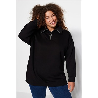 Trendyol Curve Siyah Kalın İçi Polarlı Fermuarlı Örme Sweatshirt TBBAW24AO00017