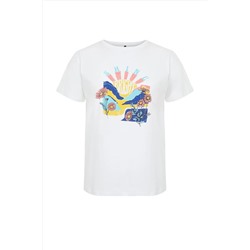 Beyaz Boyfriend Fit Bisiklet Yaka Baskılı %100 Pamuk Örme Büyük Beden T-Shirt TBBSS22TS1944