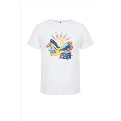 Beyaz Boyfriend Fit Bisiklet Yaka Baskılı %100 Pamuk Örme Büyük Beden T-Shirt TBBSS22TS1944