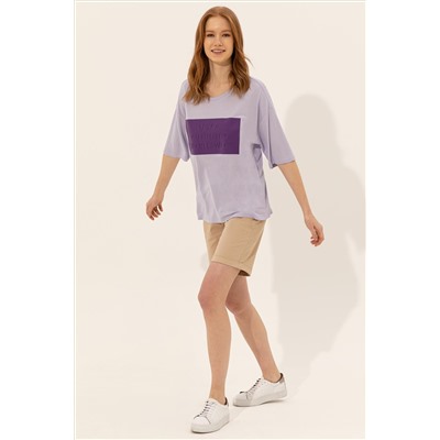 Kadın Lila Bisiklet Yaka Oversize Tişört
